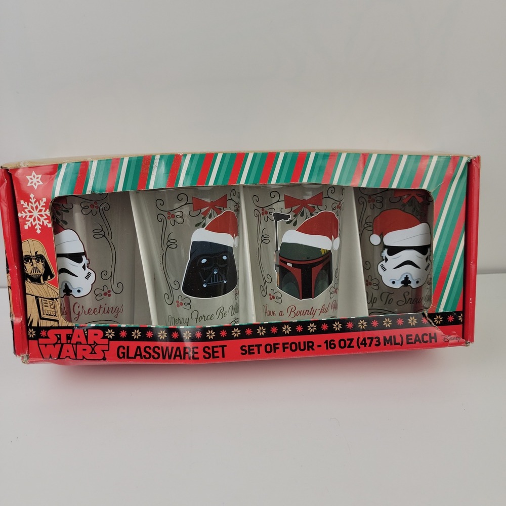 Star Wars Holiday Glassware Set 4 Pack 16oz Darth Vader Boba Fett Silver Buffalo